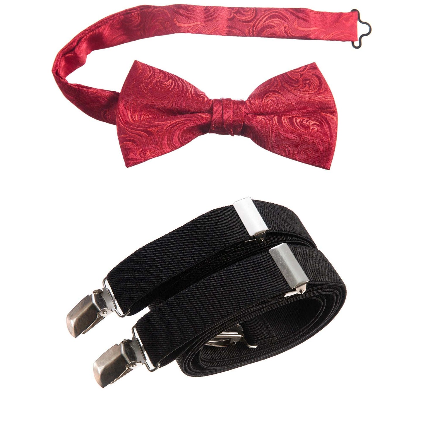 Red Pre-tied Bow Tie Imperial Jacquard and Black Adjustable Stretch Suspender Sets for Men and Boys