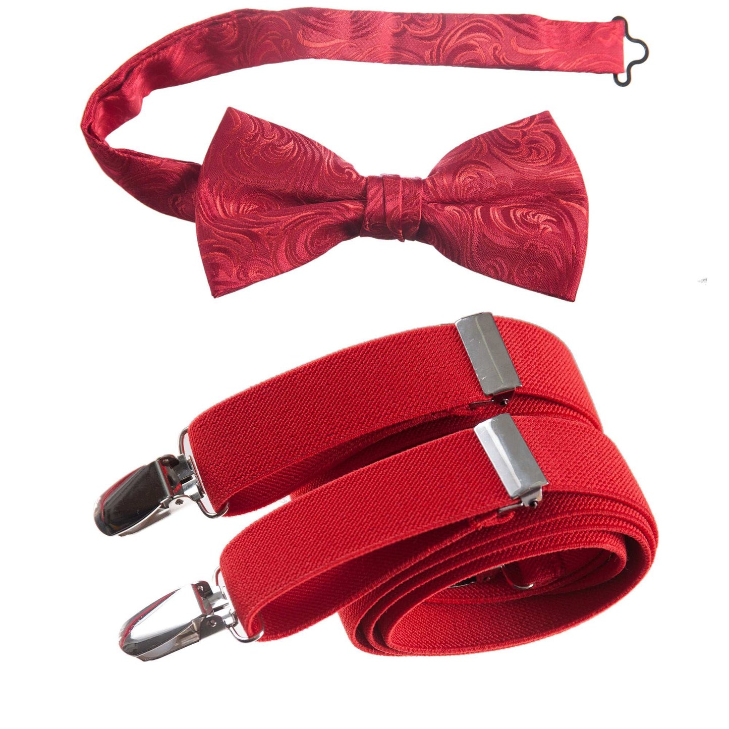 Red Pre-tied Bow Tie Imperial Jacquard and Matching Adjustable Stretch Suspender Sets for Men and Boys