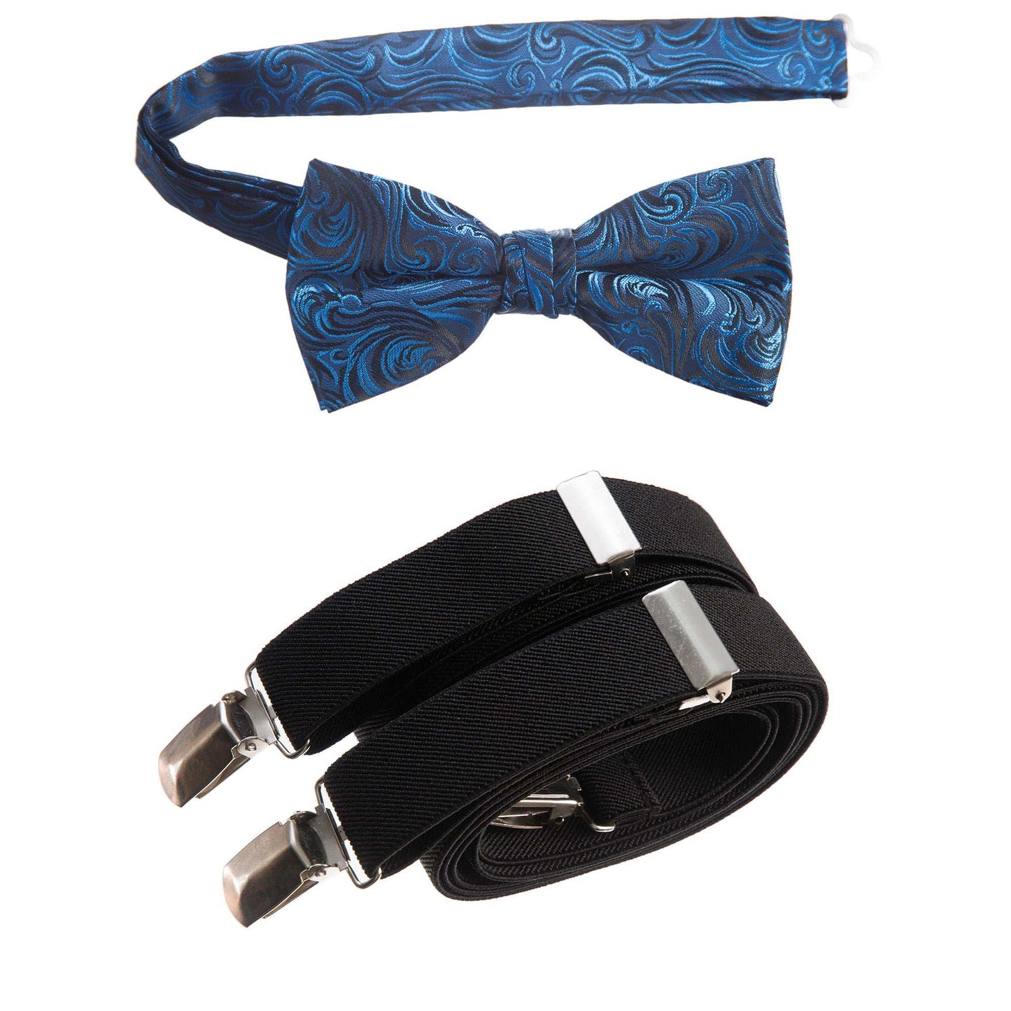 Royal Blue Pre-tied Bow Tie Imperial Jacquard and Black Adjustable Stretch Suspender Sets for Men and Boys