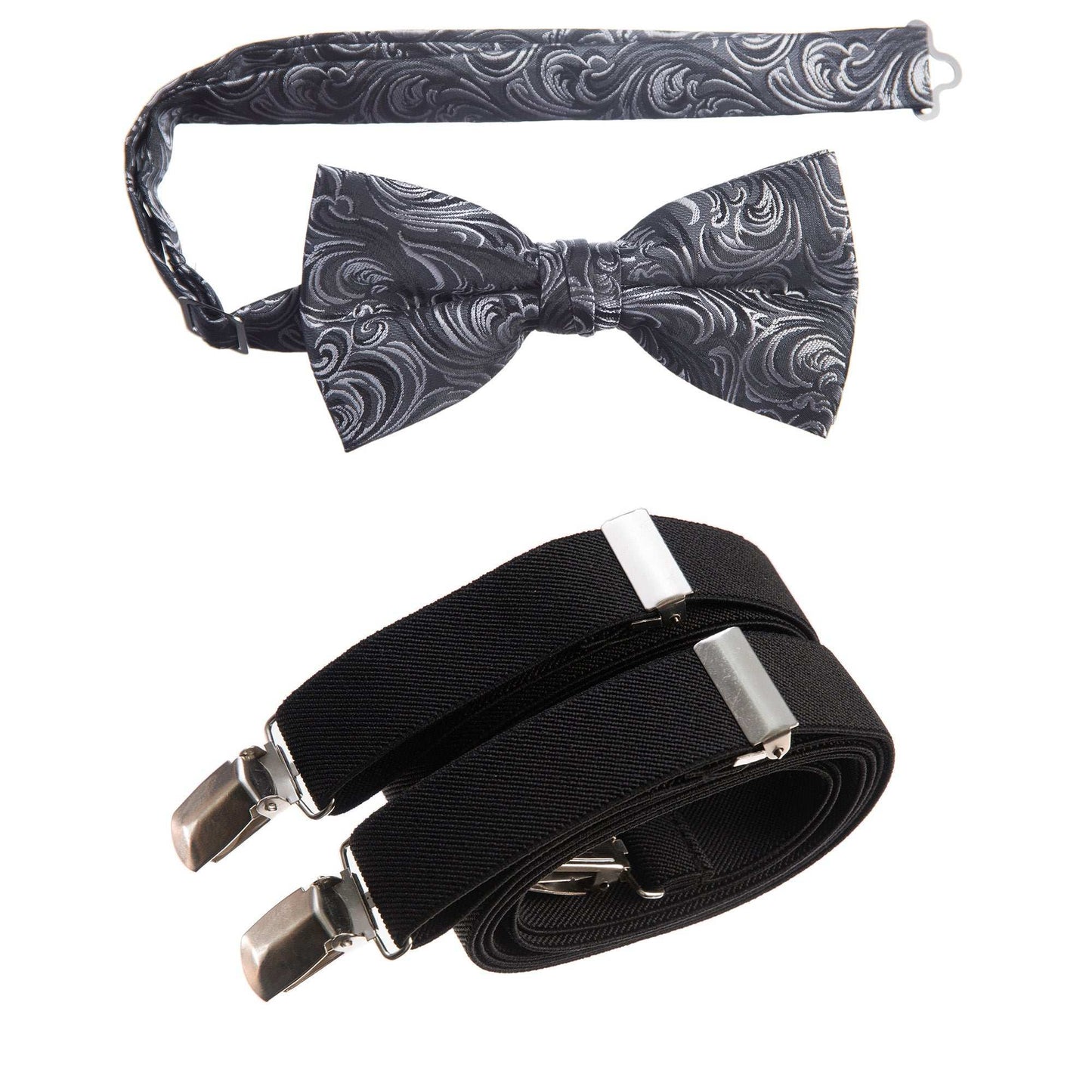 Silver and Black Pre-tied Bow Tie Imperial Jacquard and Black Adjustable Stretch Suspender Sets for Men and Boys