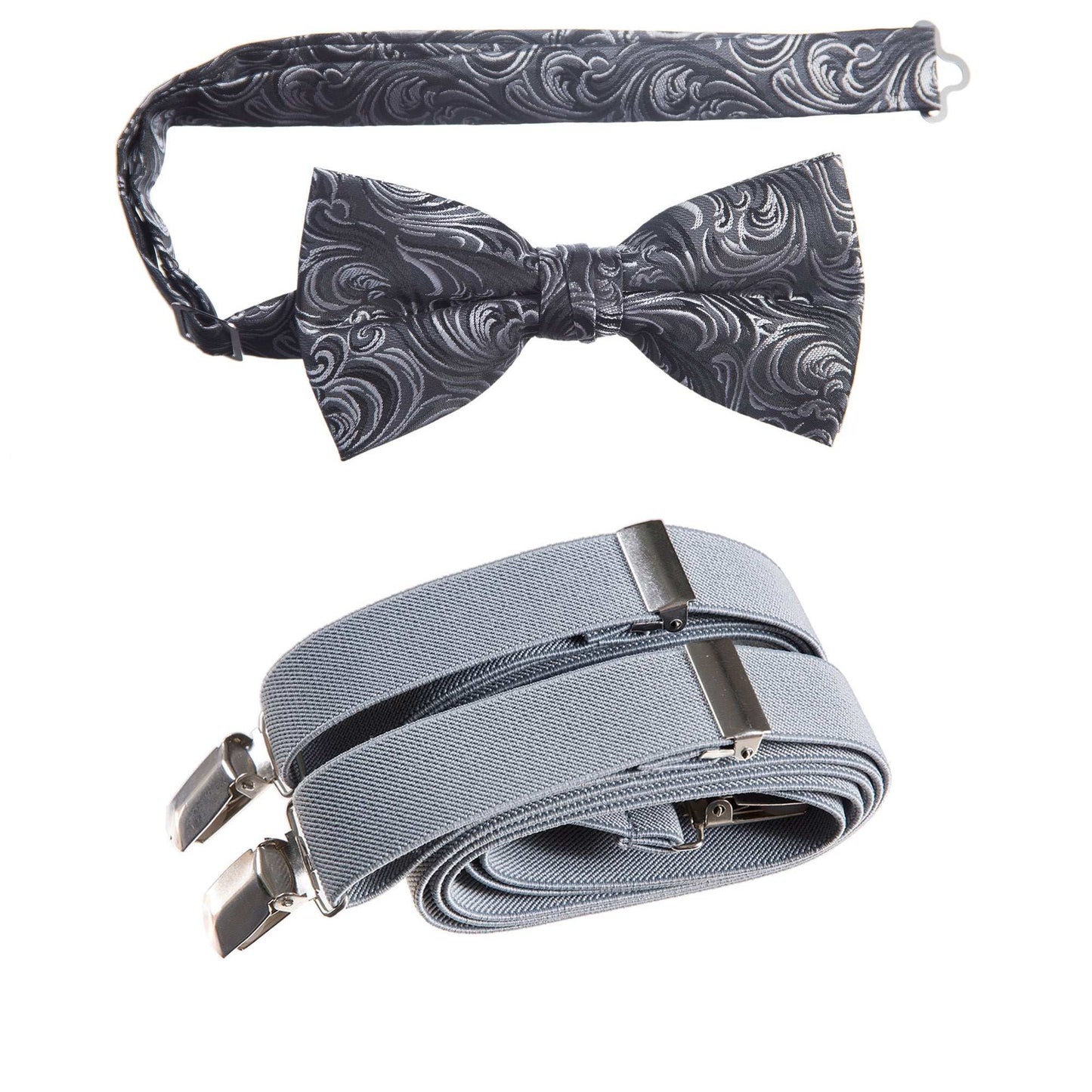 Silver and Black Pre-tied Bow Tie Imperial Jacquard and Matching Adjustable Stretch Suspender Sets for Men and Boys