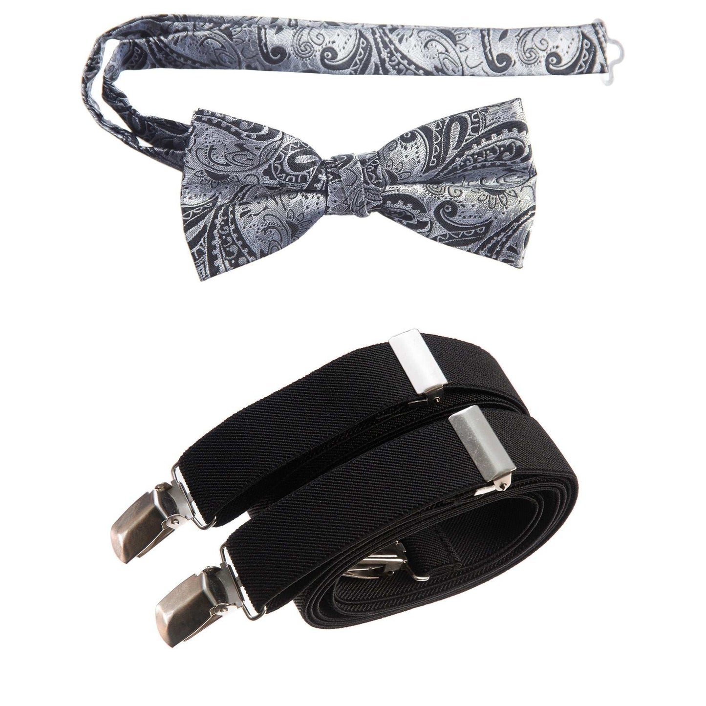 Silver and Black  Pre-tied Bow Tie Paisley Jacquard and Black Adjustable Stretch Suspender Sets for Men and Boys