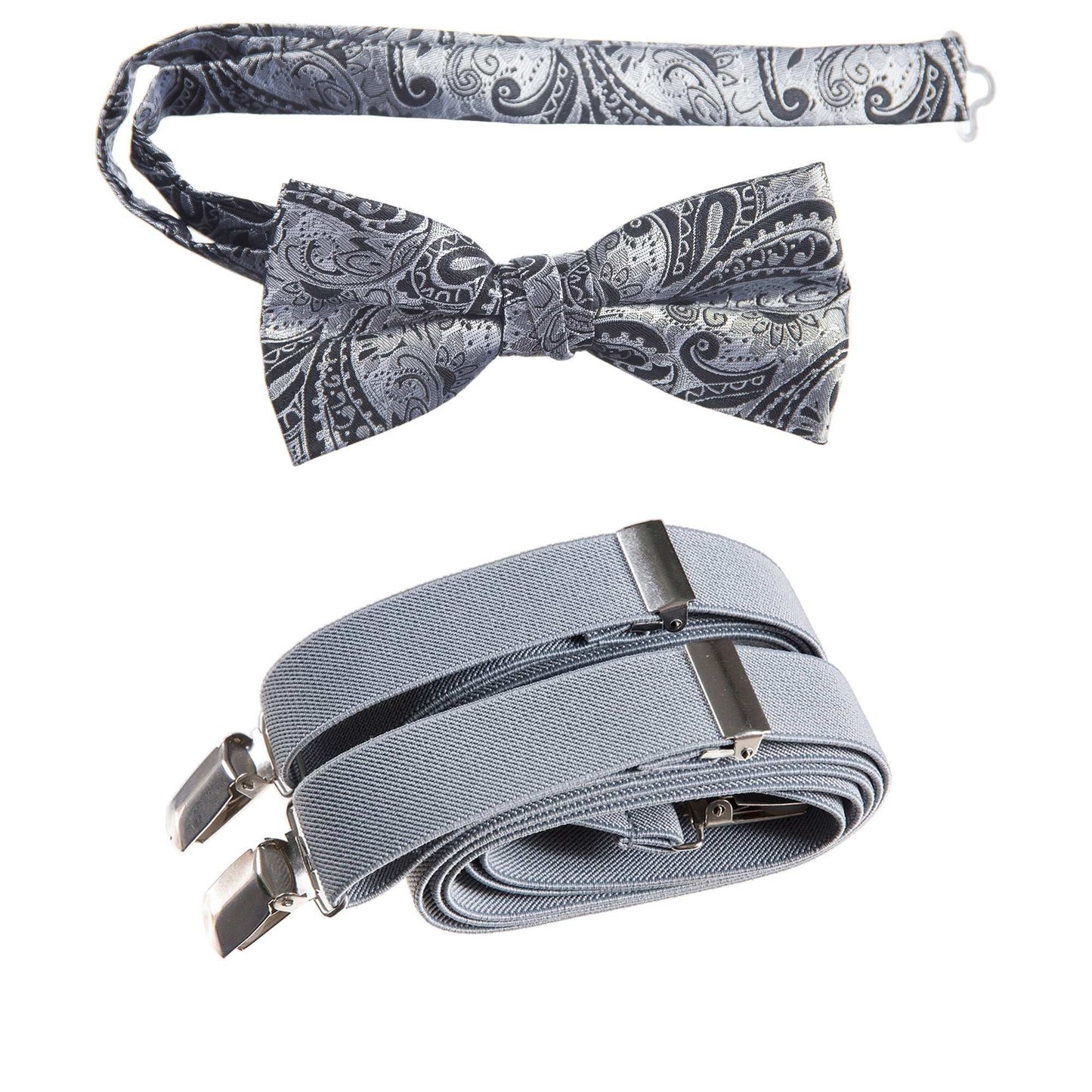 Silver and Grey Pre-tied Bow Tie Paisley Jacquard and Silver Adjustable Stretch Suspender Sets for Men and Boys