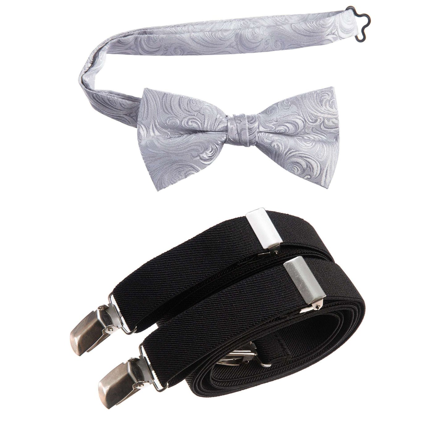 Silver Pre-tied Bow Tie Imperial Jacquard and Black Adjustable Stretch Suspender Sets for Men and Boys