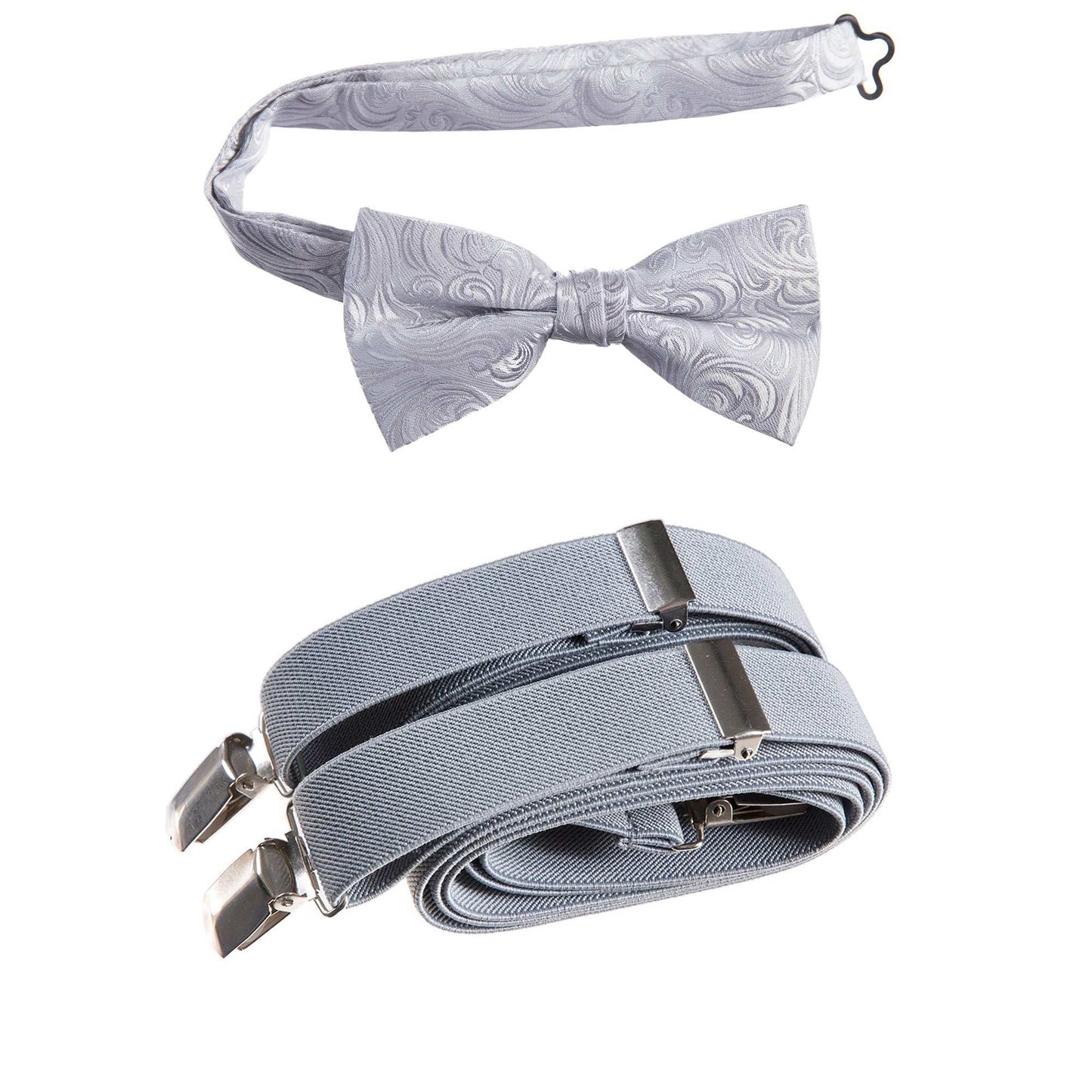 Silver Pre-tied Bow Tie Imperial Jacquard and Matching Adjustable Stretch Suspender Sets for Men and Boys