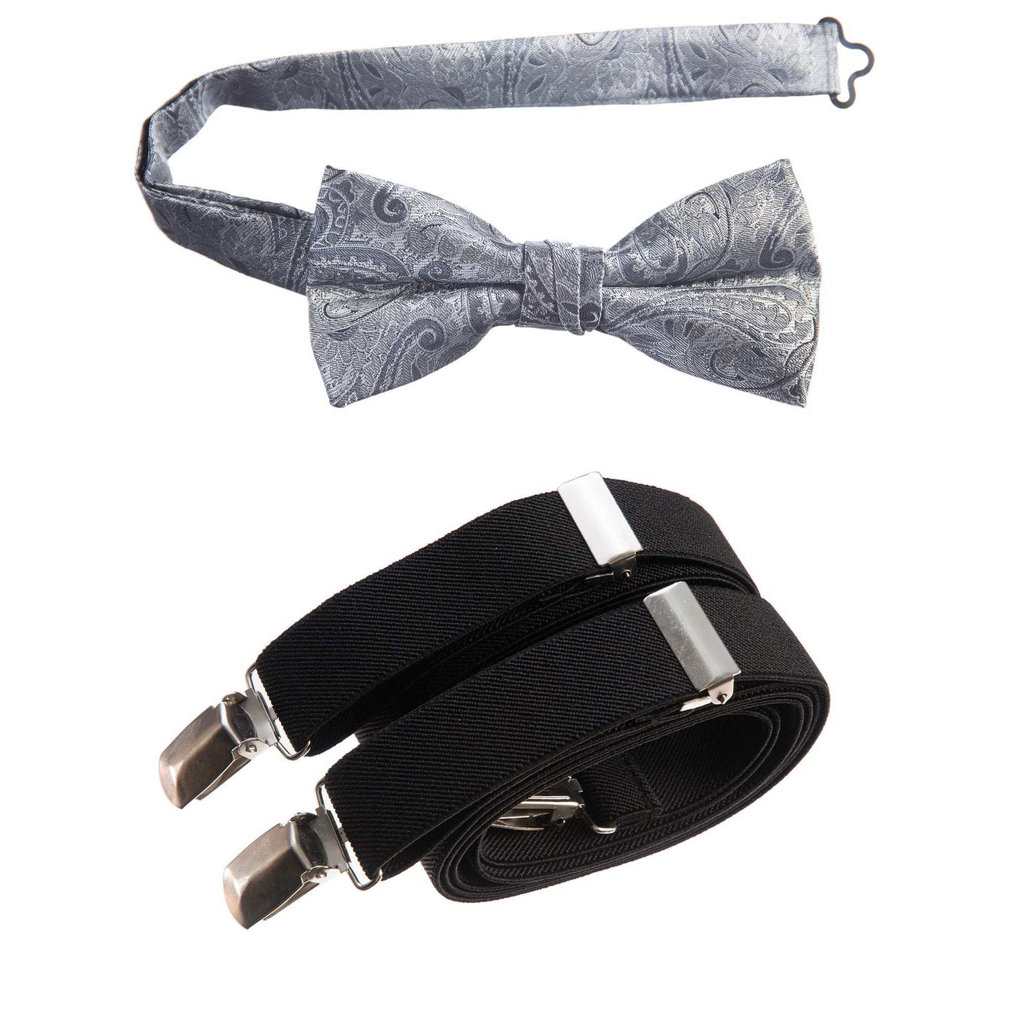 Silver Pre-tied Bow Tie Paisley Jacquard and Black Adjustable Stretch Suspender Sets for Men and Boys