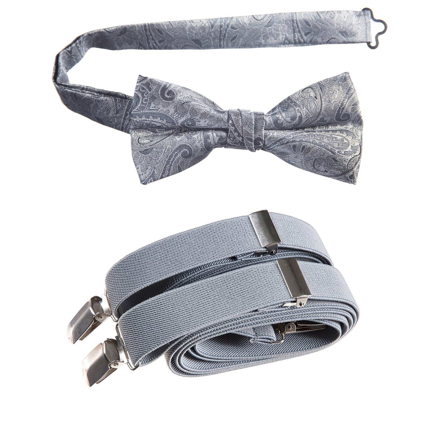 Silver Pre-tied Bow Tie Paisley Jacquard and Silver Adjustable Stretch Suspender Sets for Men and Boys