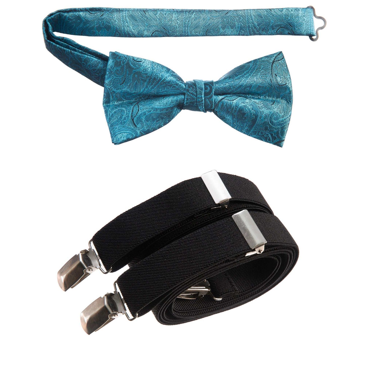 Turquoise Pre-tied Bow Tie Paisley Jacquard and Black Adjustable Stretch Suspender Sets for Men and Boys