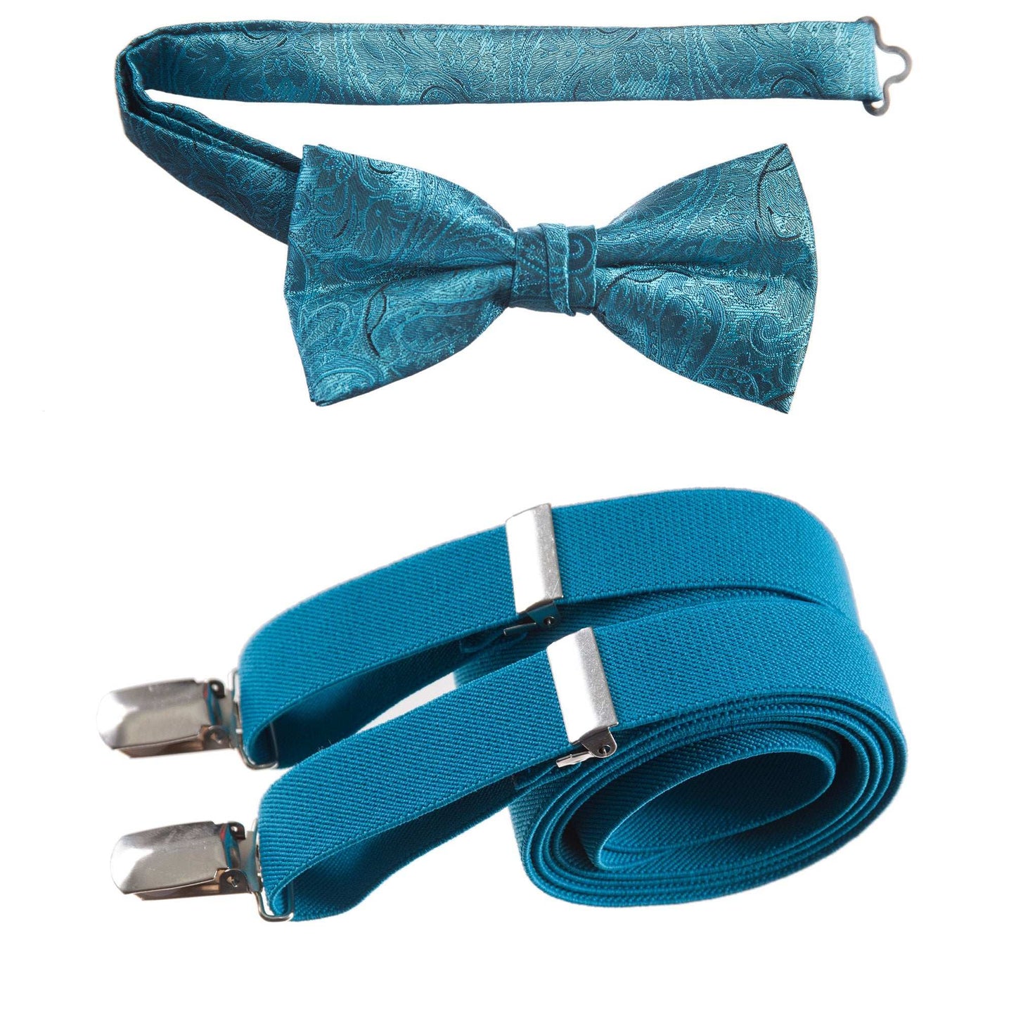 Turquoise Pre-tied Bow Tie Paisley Jacquard and Matching Adjustable Stretch Suspender Sets for Men and Boys