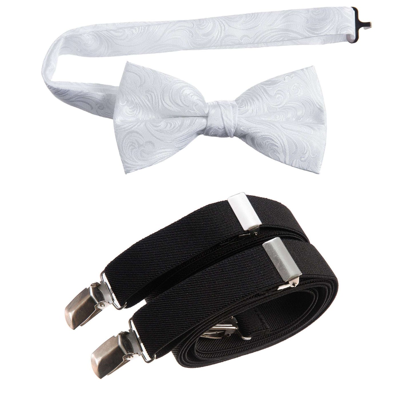 White Pre-tied Bow Tie Imperial Jacquard and Black Adjustable Stretch Suspender Sets for Men and Boys