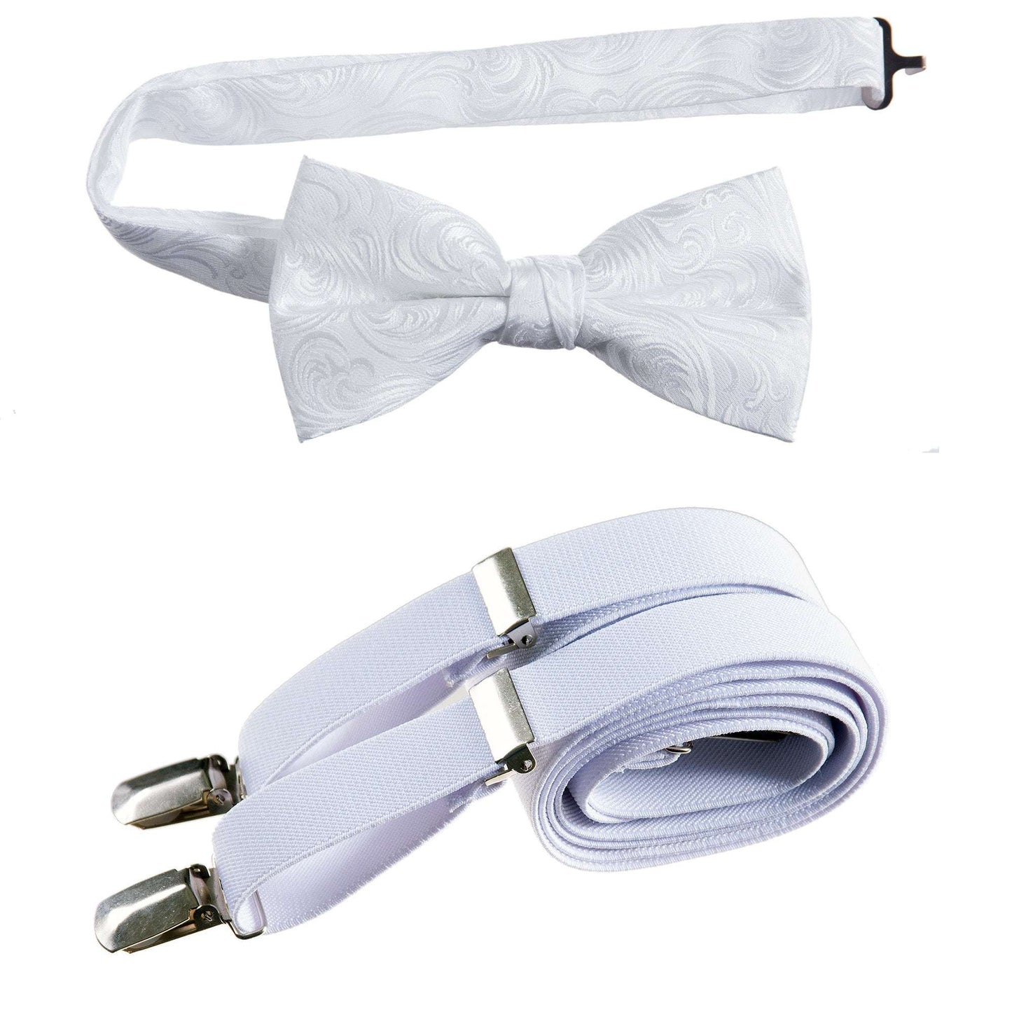 White Pre-tied Bow Tie Imperial Jacquard and Matching Adjustable Stretch Suspender Sets for Men and Boys