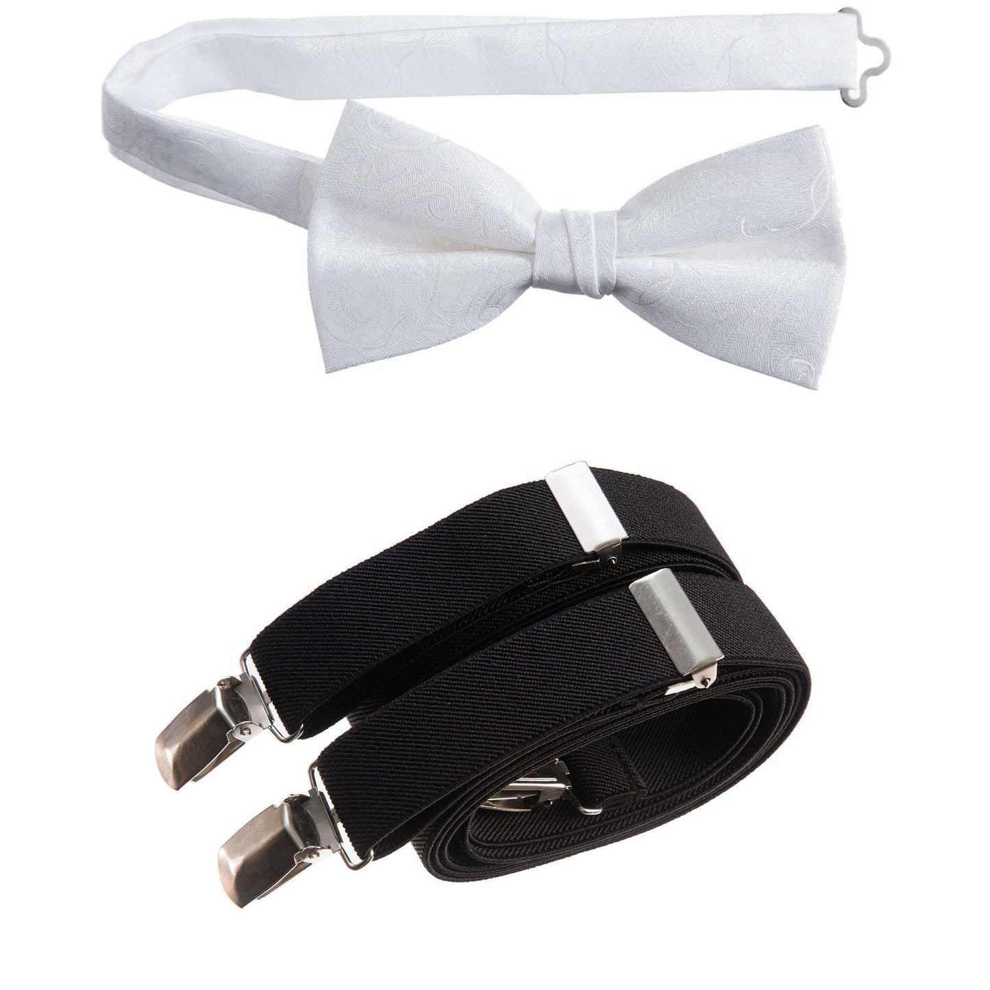 White Pre-tied Bow Tie Paisley Jacquard and Black Adjustable Stretch Suspender Sets for Men and Boys