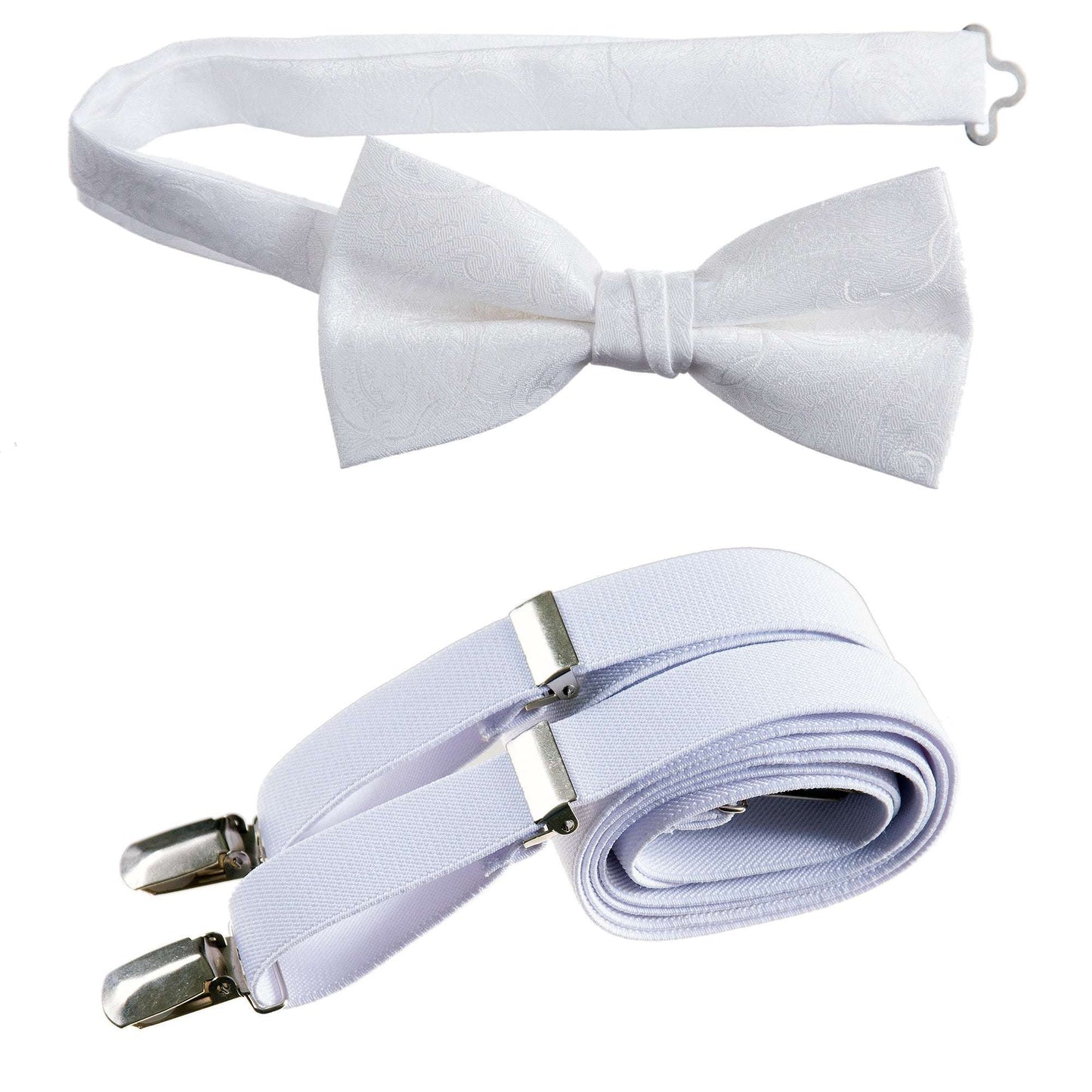 White  Pre-tied Bow Tie Paisley Jacquard and Matching Adjustable Stretch Suspender Sets for Men and Boys