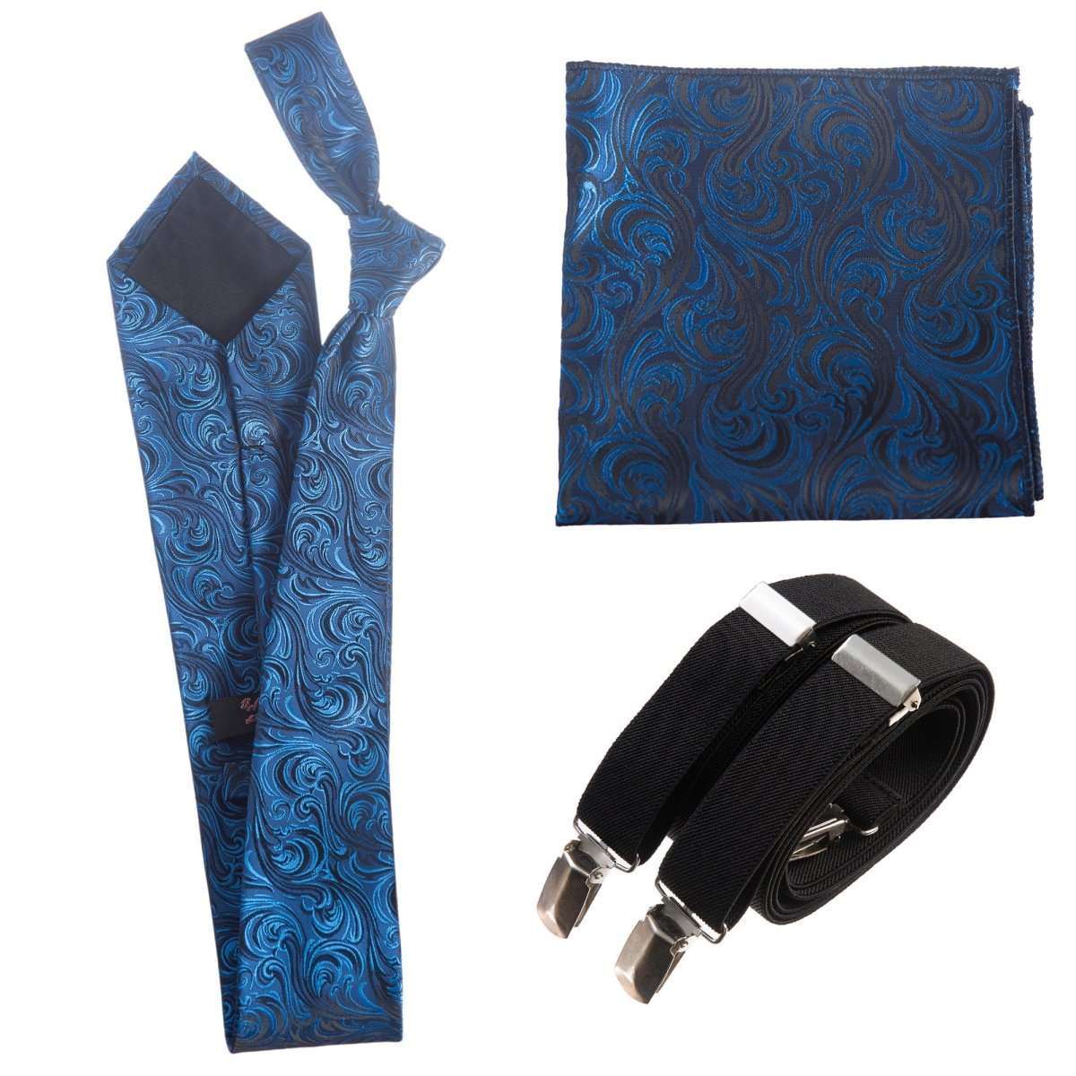 Classic Windsor Self Tie Paisley Jacquard Necktie Suspenders and Pocket Square Set - Tuxgear