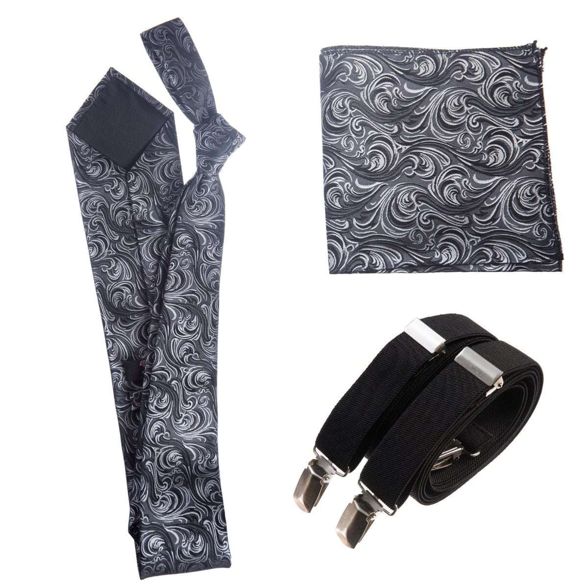 Classic Windsor Self Tie Paisley Jacquard Necktie Suspenders and Pocket Square Set - Tuxgear