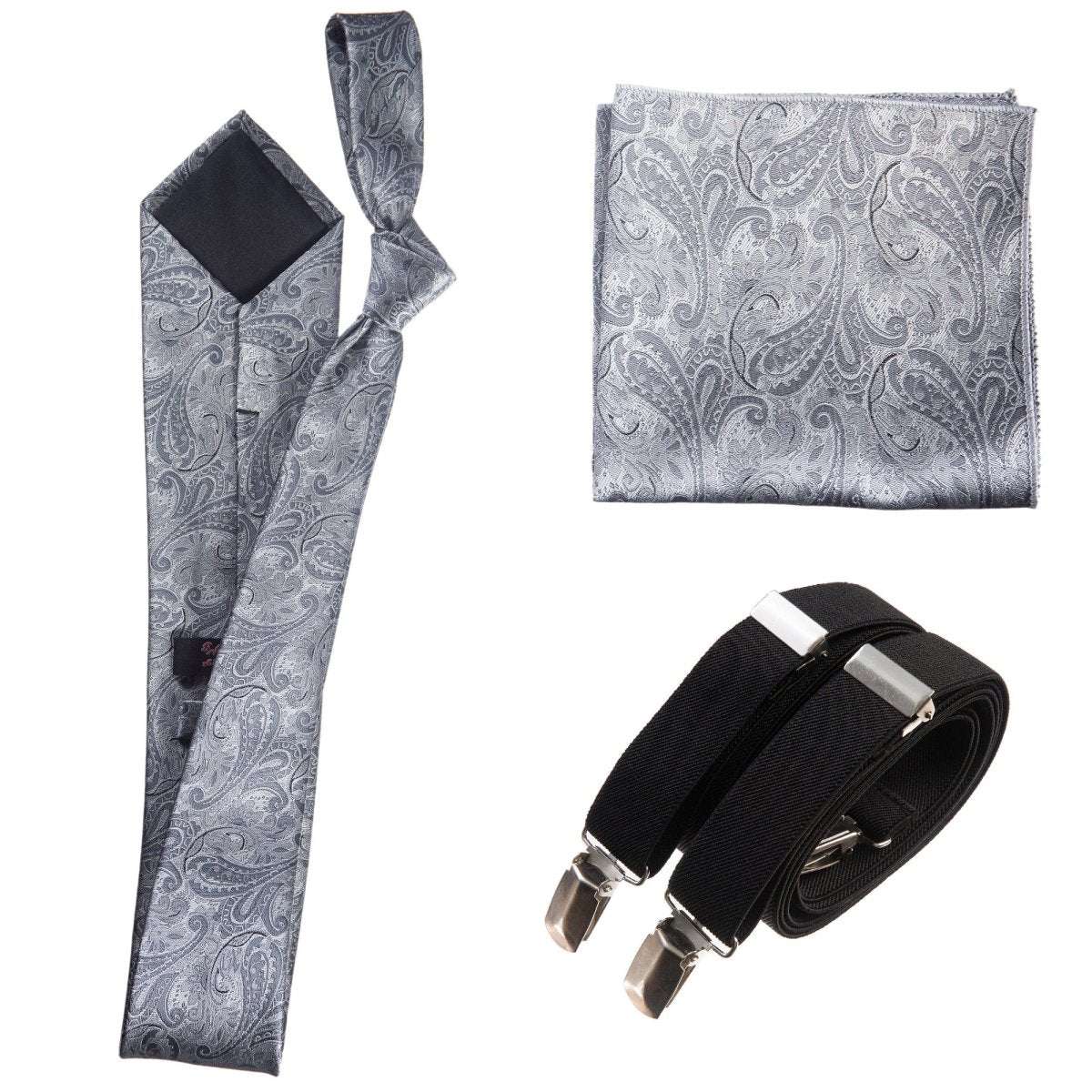 Classic Windsor Self Tie Paisley Jacquard Necktie Suspenders and Pocket Square Set - Tuxgear