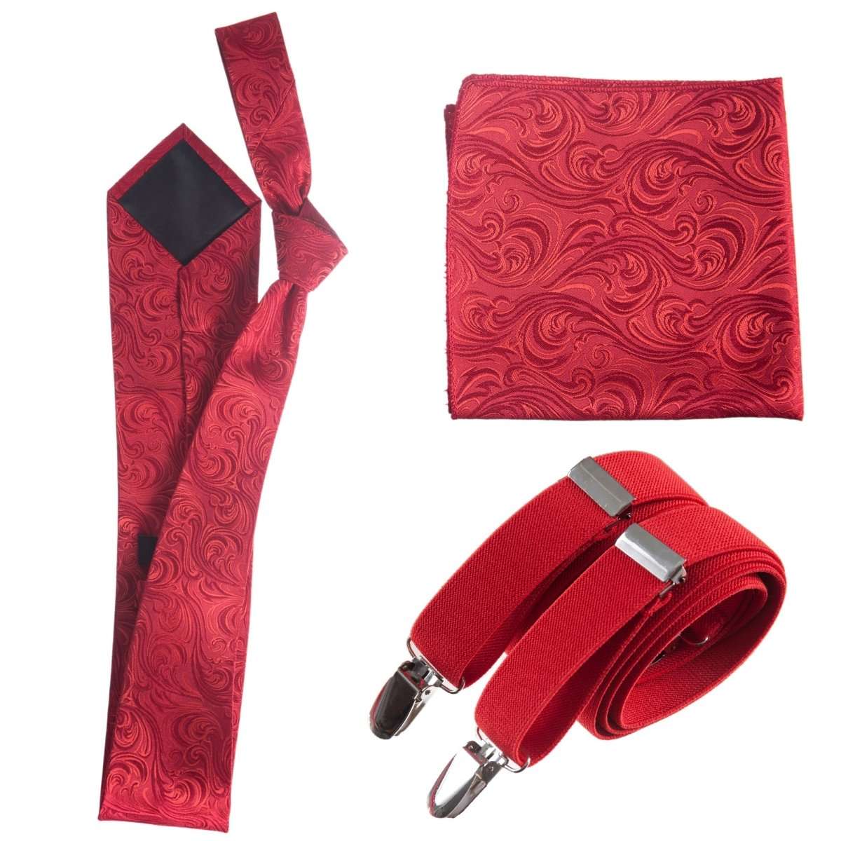 Classic Windsor Self Tie Paisley Jacquard Necktie Suspenders and Pocket Square Set - Tuxgear