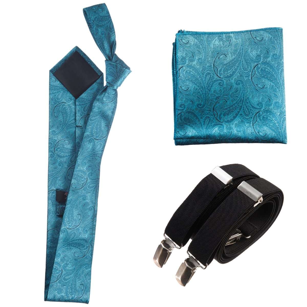 Classic Windsor Self Tie Paisley Jacquard Necktie Suspenders and Pocket Square Set - Tuxgear