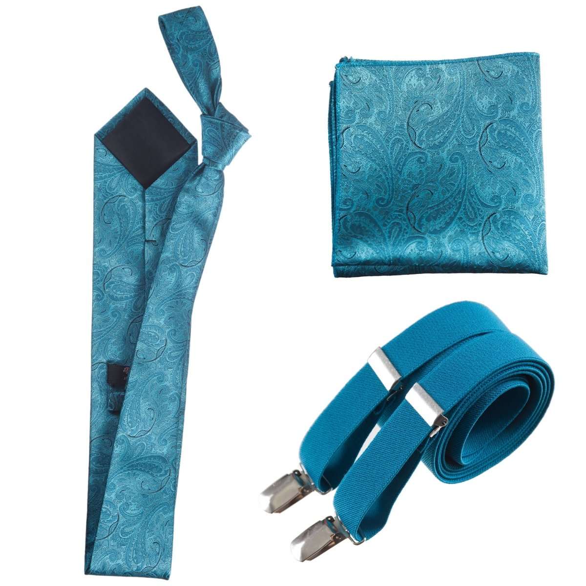 Classic Windsor Self Tie Paisley Jacquard Necktie Suspenders and Pocket Square Set - Tuxgear