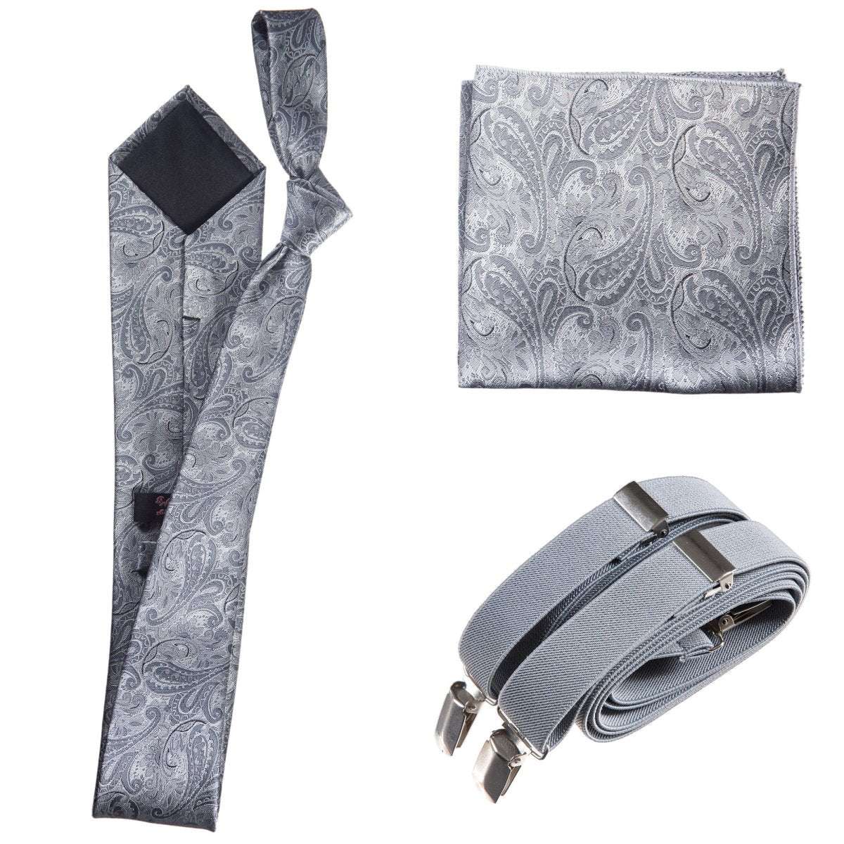 Classic Windsor Self Tie Paisley Jacquard Necktie Suspenders and Pocket Square Set - Tuxgear