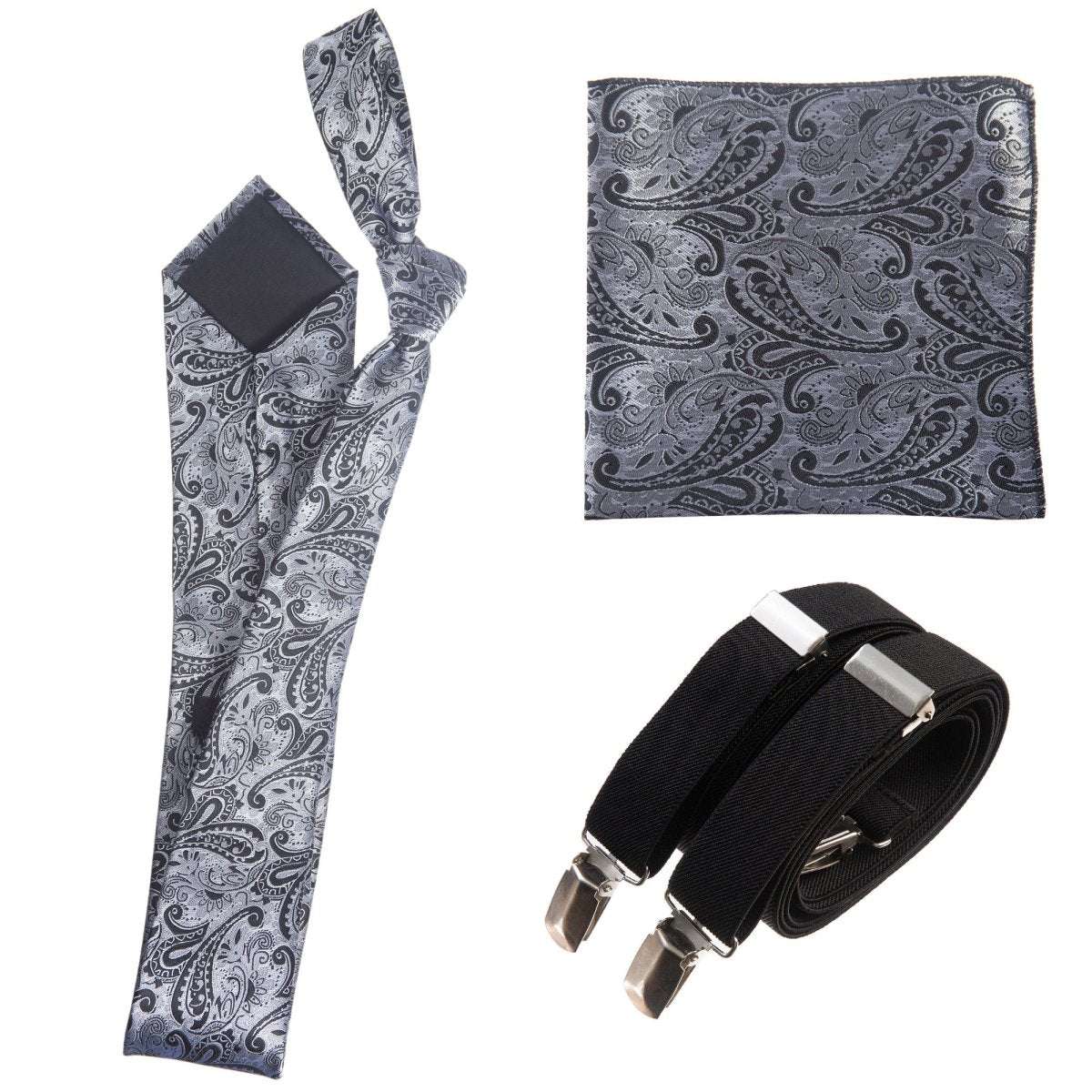 Classic Windsor Self Tie Paisley Jacquard Necktie Suspenders and Pocket Square Set - Tuxgear