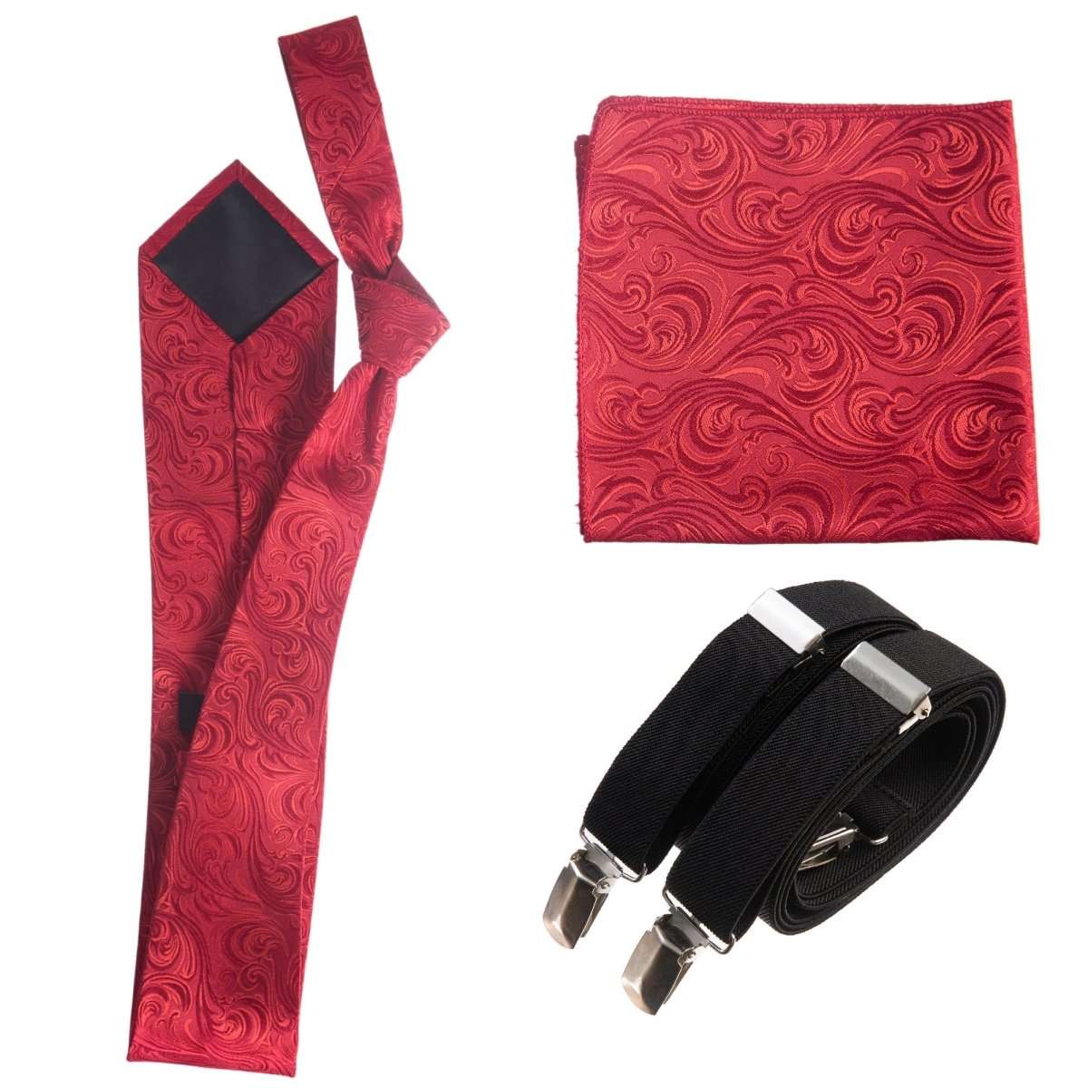 Classic Windsor Self Tie Paisley Jacquard Necktie Suspenders and Pocket Square Set - Tuxgear