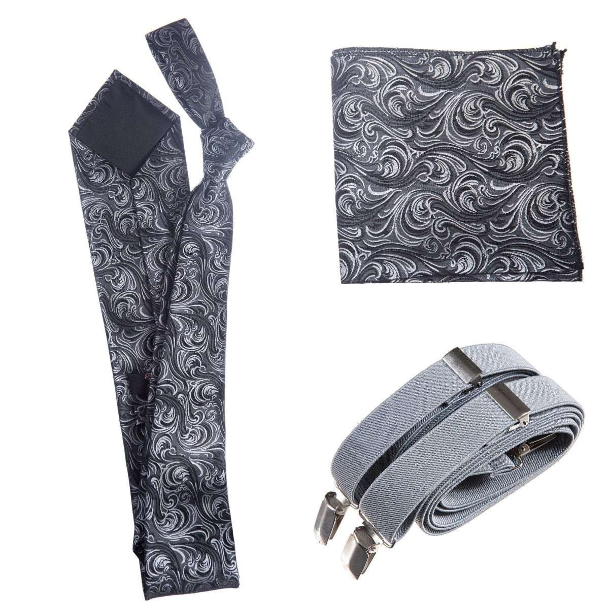 Classic Windsor Self Tie Paisley Jacquard Necktie Suspenders and Pocket Square Set - Tuxgear