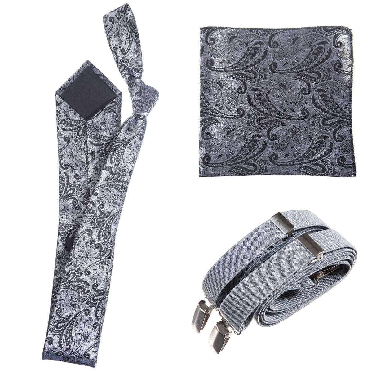 Classic Windsor Self Tie Paisley Jacquard Necktie Suspenders and Pocket Square Set - Tuxgear