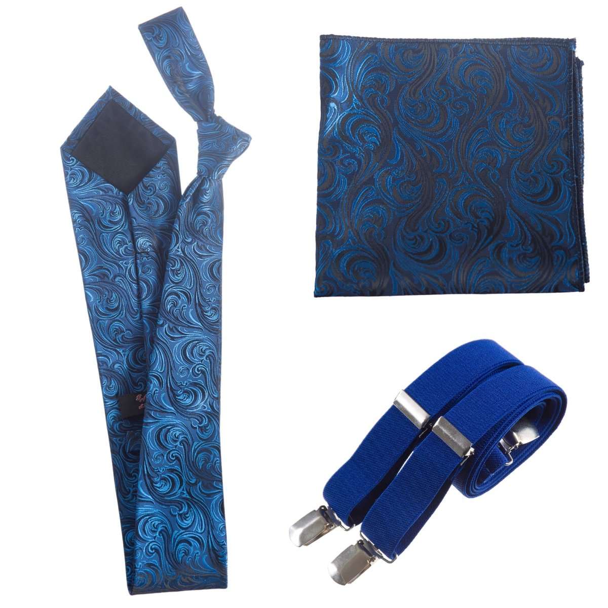 Classic Windsor Self Tie Paisley Jacquard Necktie Suspenders and Pocket Square Set - Tuxgear