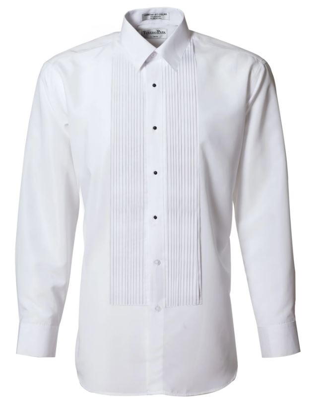 Men's White Standard Fit 1/4" Pleated Laydown Collar Tuxedo Shirt 