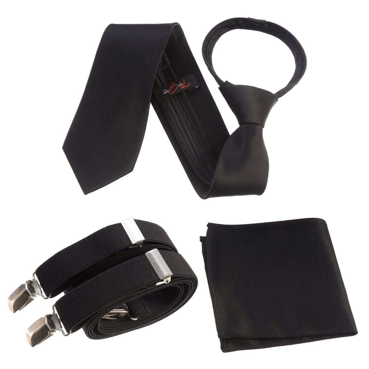 Neck Tie Pocket Square and Adjustable Stretch Suspender Set 