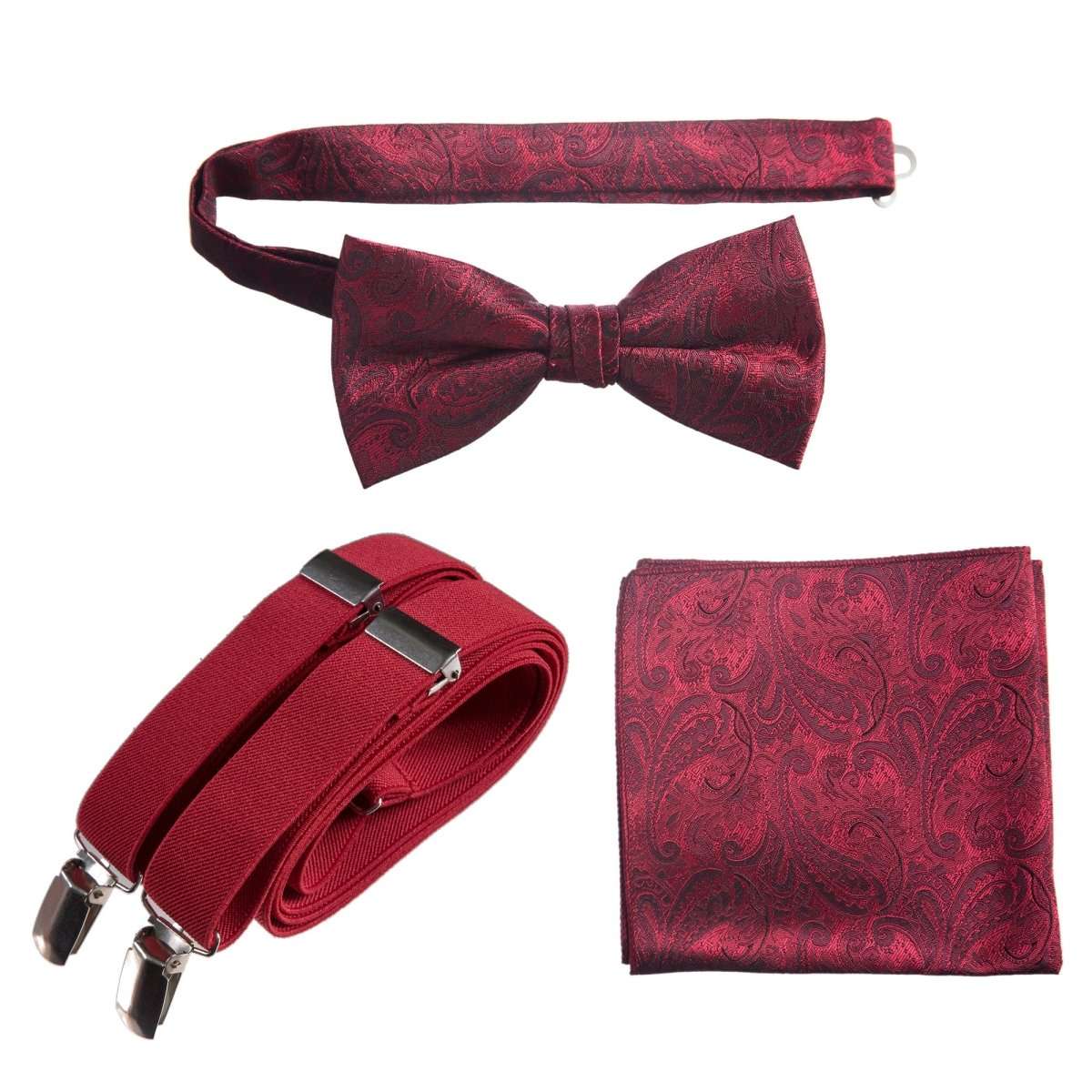 Pre-tied Bow Tie & Pocket Square Paisley Jacquard with Adjustable Stretch Suspender 