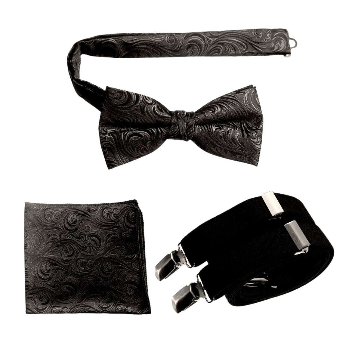 Pre-tied Bow Tie & Pocket Square Paisley Jacquard with Adjustable Stretch Suspender 