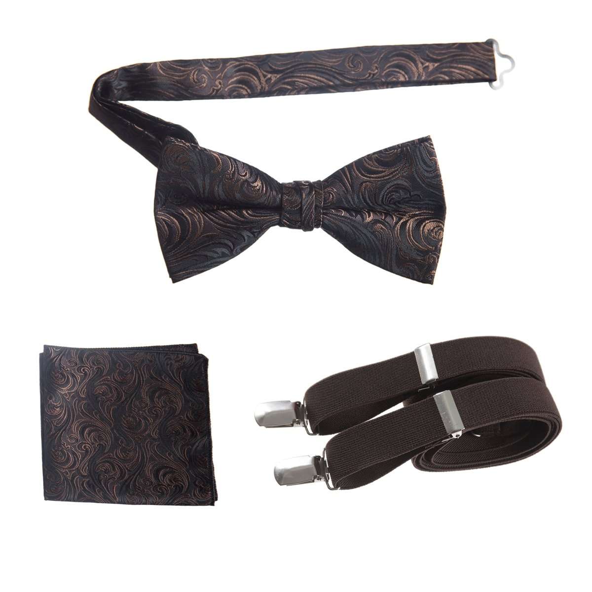 Pre-tied Bow Tie & Pocket Square Paisley Jacquard with Adjustable Stretch Suspender 