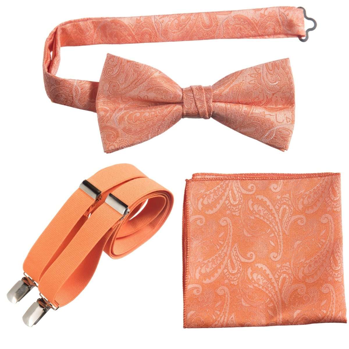 Pre-tied Bow Tie & Pocket Square Paisley Jacquard with Adjustable Stretch Suspender 