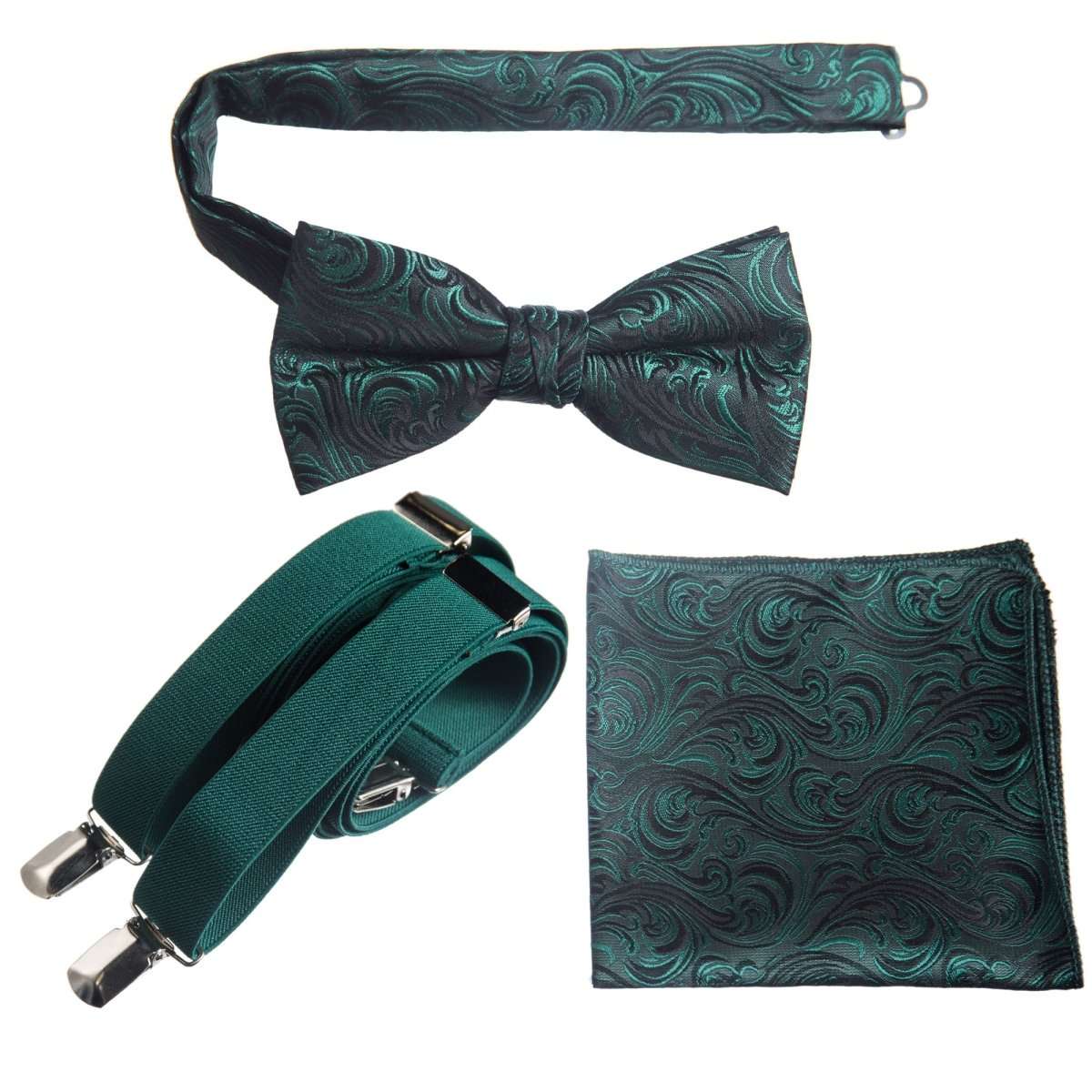 Pre-tied Bow Tie & Pocket Square Paisley Jacquard with Adjustable Stretch Suspender 