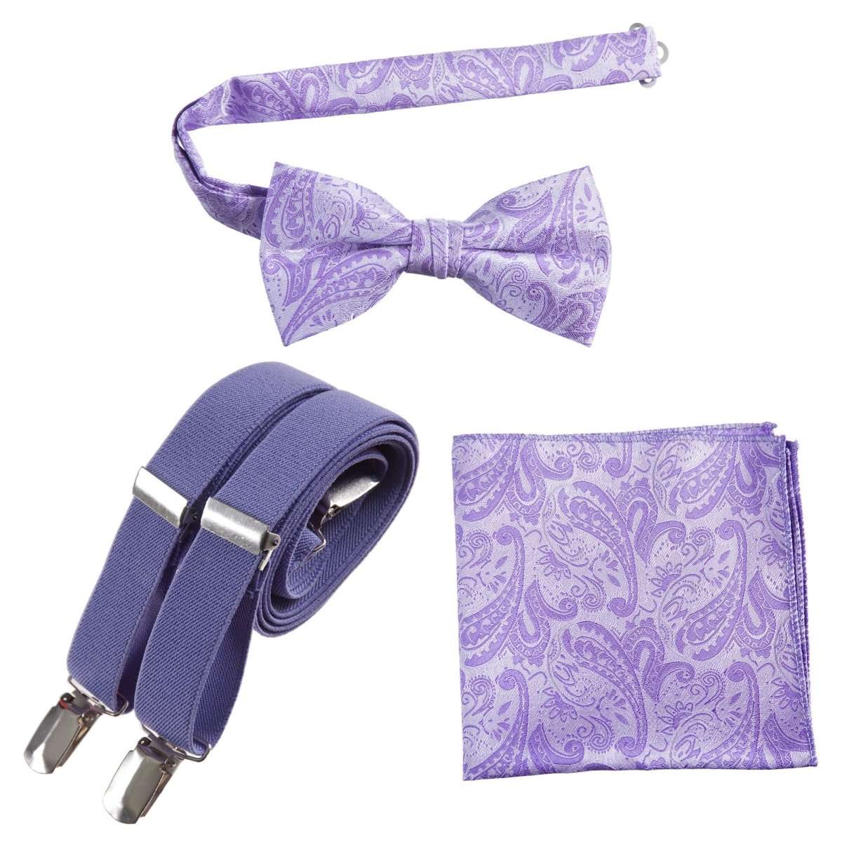 Pre-tied Bow Tie & Pocket Square Paisley Jacquard with Adjustable Stretch Suspender 