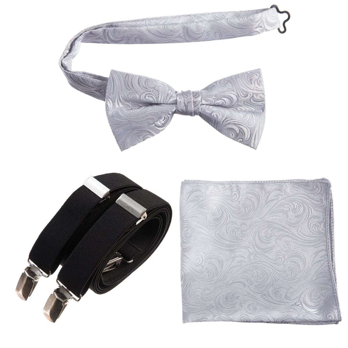 Pre-tied Bow Tie & Pocket Square Paisley Jacquard with Adjustable Stretch Suspender - Tuxgear