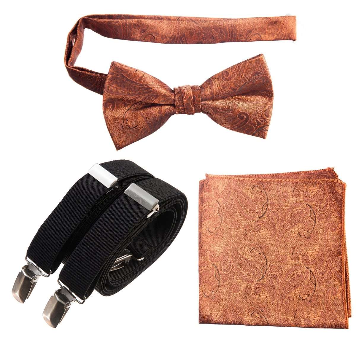 Pre-tied Bow Tie & Pocket Square Paisley Jacquard with Adjustable Stretch Suspender 