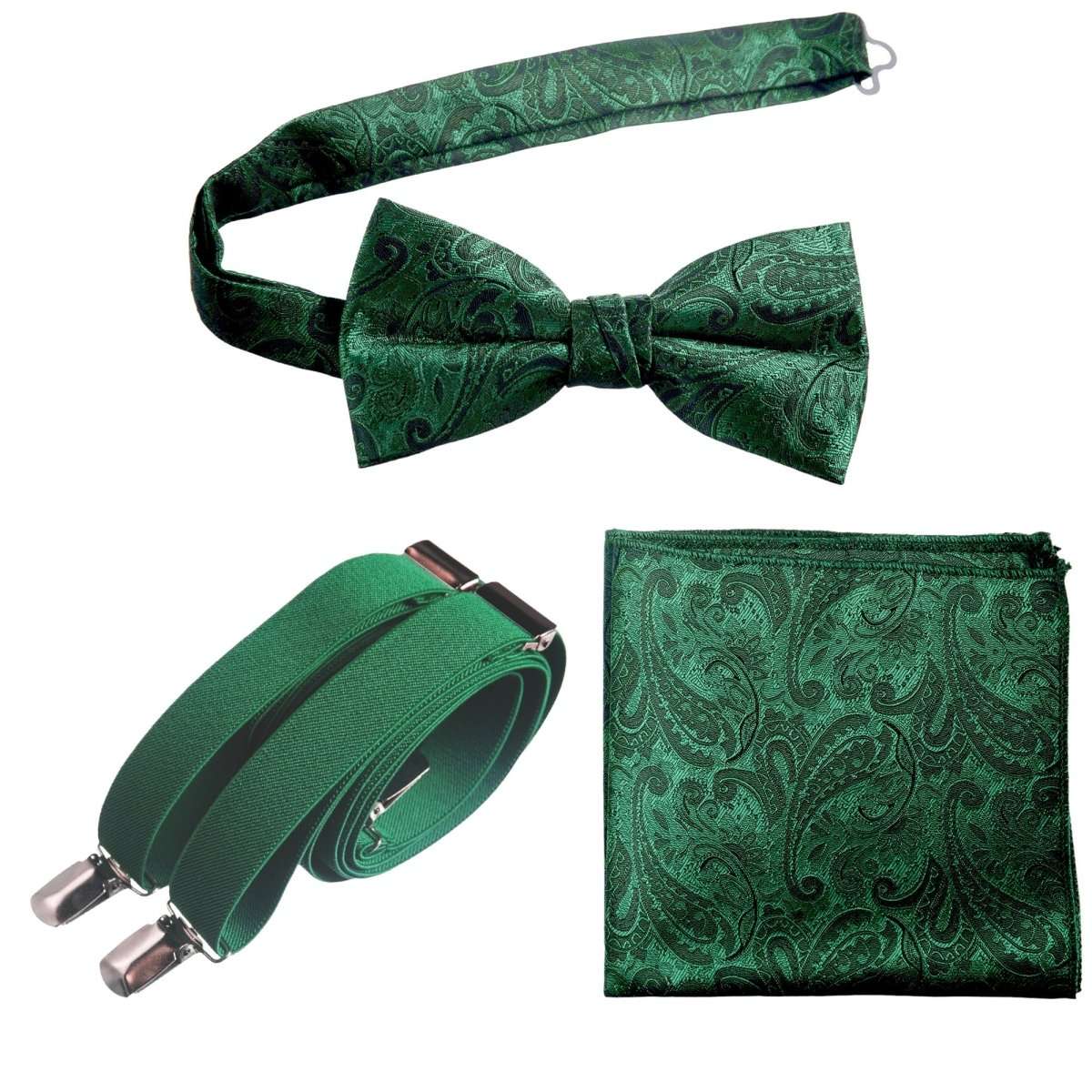 Pre-tied Bow Tie & Pocket Square Paisley Jacquard with Adjustable Stretch Suspender 