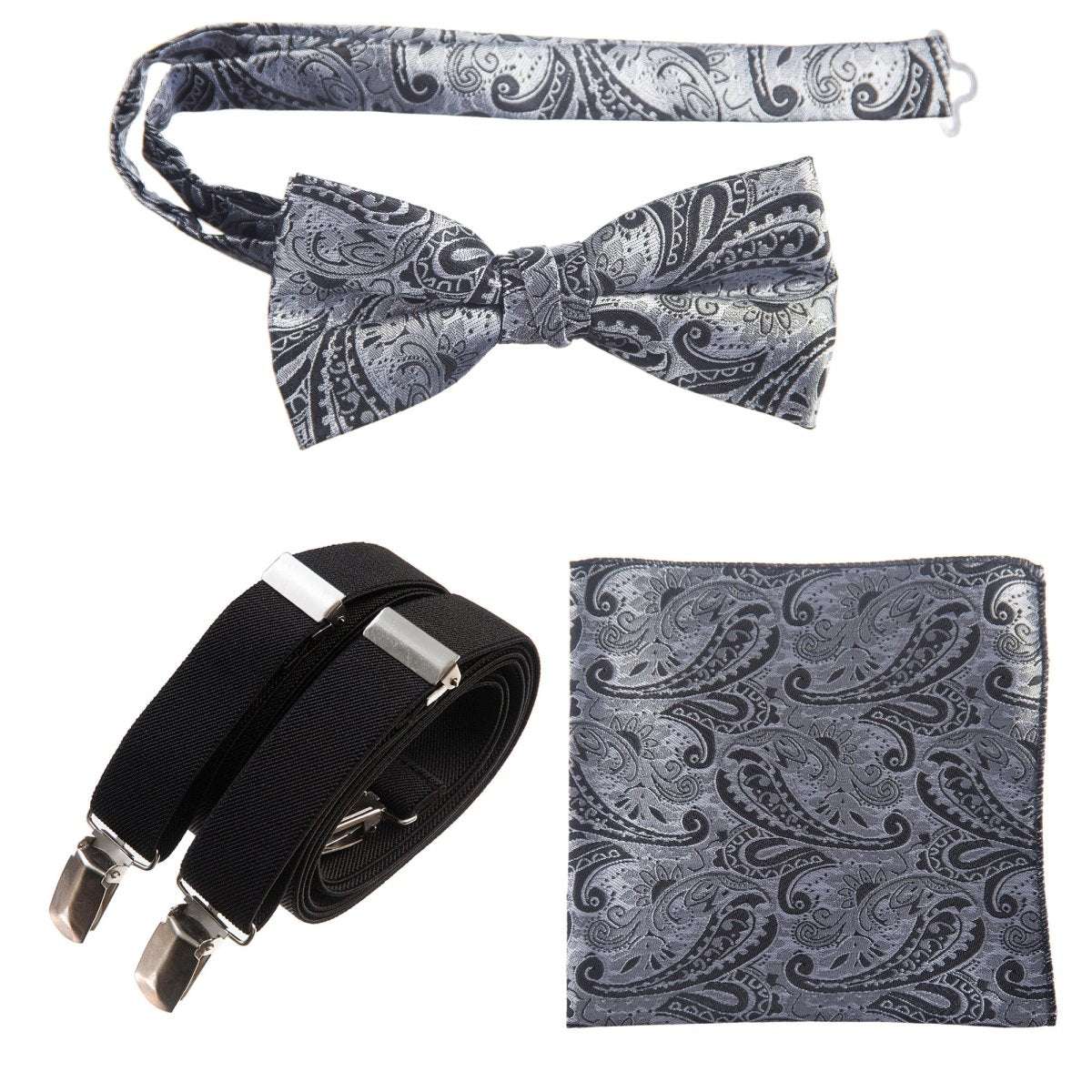 Pre-tied Bow Tie & Pocket Square Paisley Jacquard with Adjustable Stretch Suspender - Tuxgear