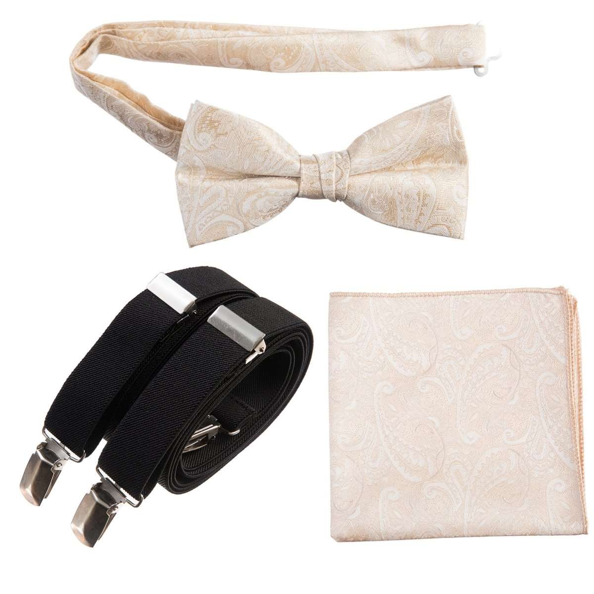 Pre-tied Bow Tie & Pocket Square Paisley Jacquard with Adjustable Stretch Suspender 