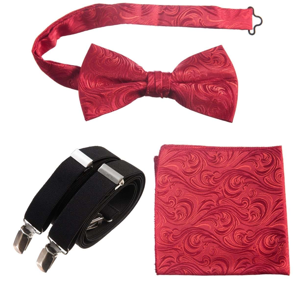 Pre-tied Bow Tie & Pocket Square Paisley Jacquard with Adjustable Stretch Suspender - Tuxgear