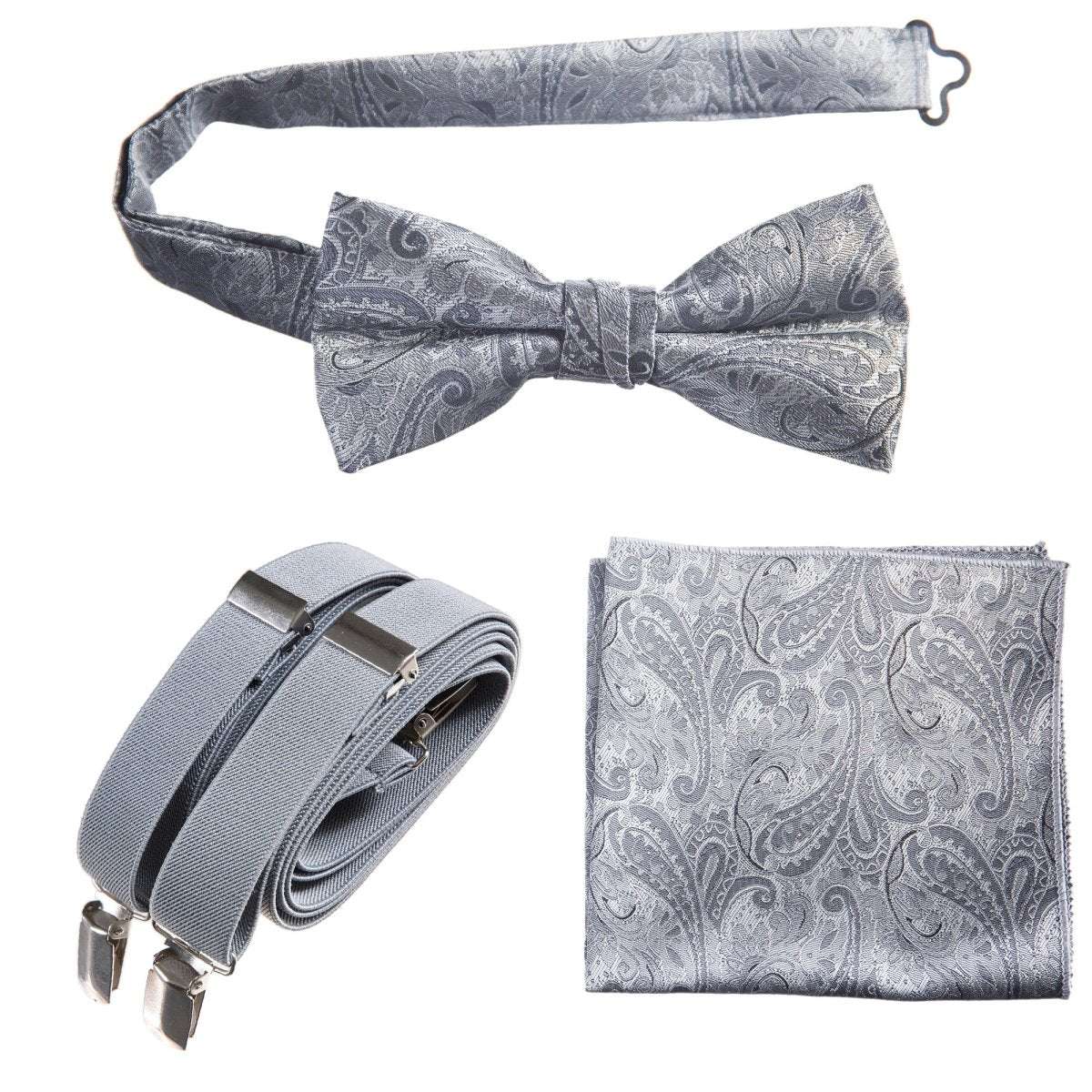 Pre-tied Bow Tie & Pocket Square Paisley Jacquard with Adjustable Stretch Suspender - Tuxgear