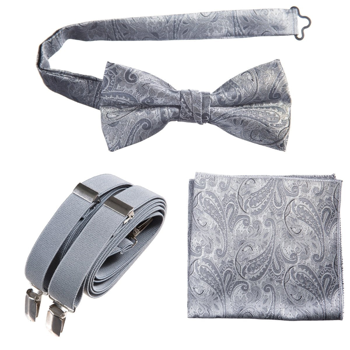 Pre-tied Bow Tie & Pocket Square Paisley Jacquard with Adjustable Stretch Suspender - RENTAL 