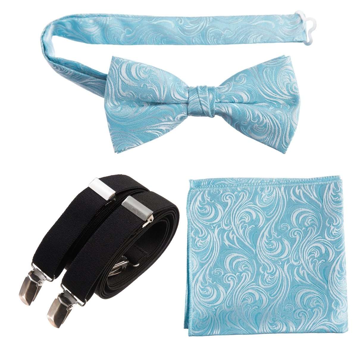 Pre-tied Bow Tie & Pocket Square Paisley Jacquard with Adjustable Stretch Suspender 