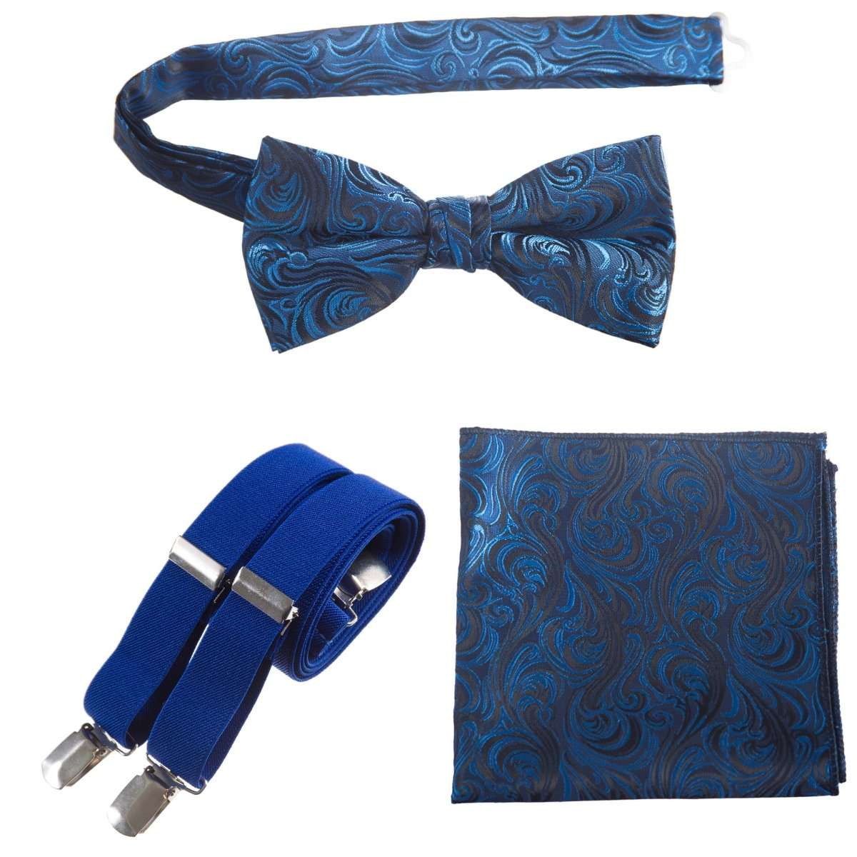 Pre-tied Bow Tie & Pocket Square Paisley Jacquard with Adjustable Stretch Suspender - Tuxgear