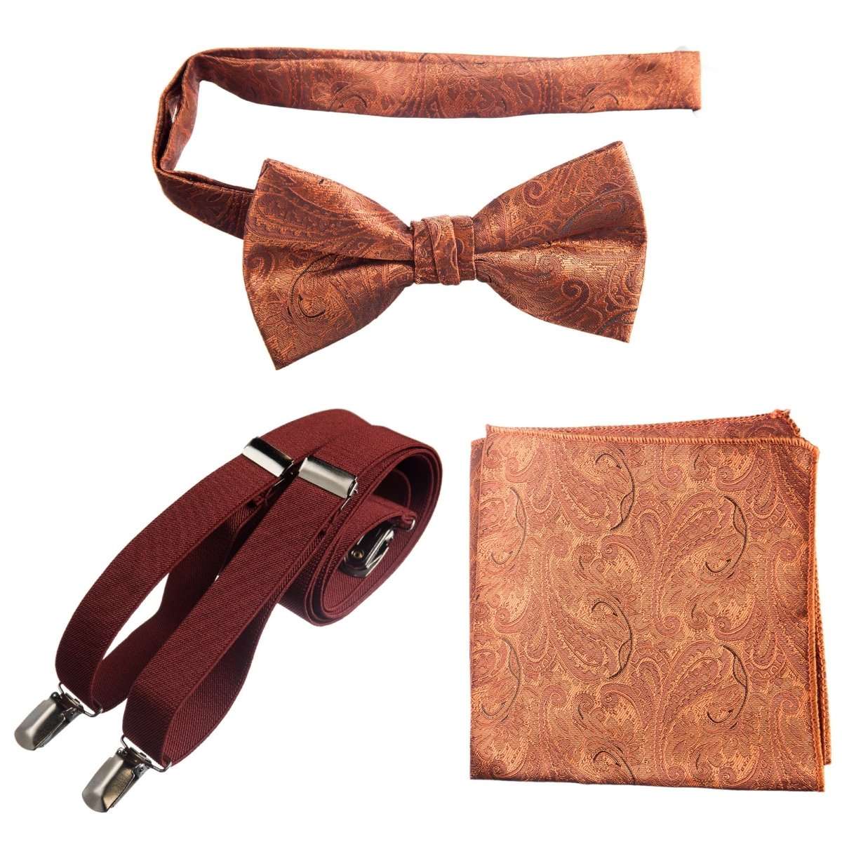 Pre-tied Bow Tie & Pocket Square Paisley Jacquard with Adjustable Stretch Suspender 