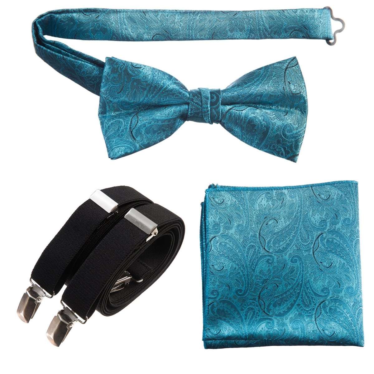 Pre-tied Bow Tie & Pocket Square Paisley Jacquard with Adjustable Stretch Suspender - Tuxgear