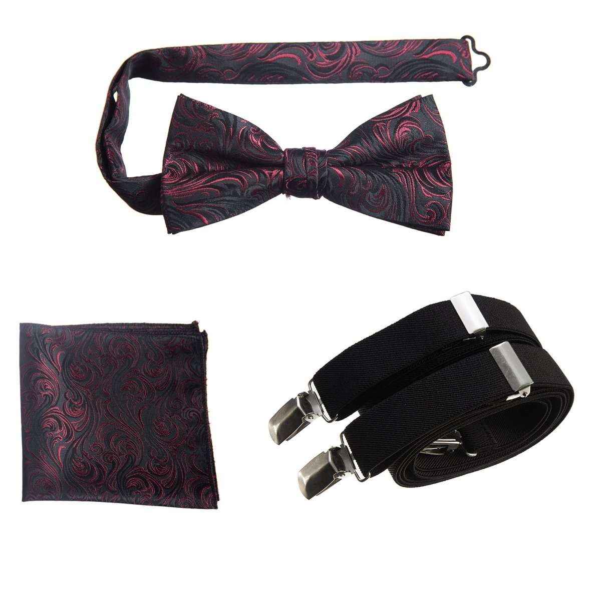 Pre-tied Bow Tie & Pocket Square Paisley Jacquard with Adjustable Stretch Suspender 